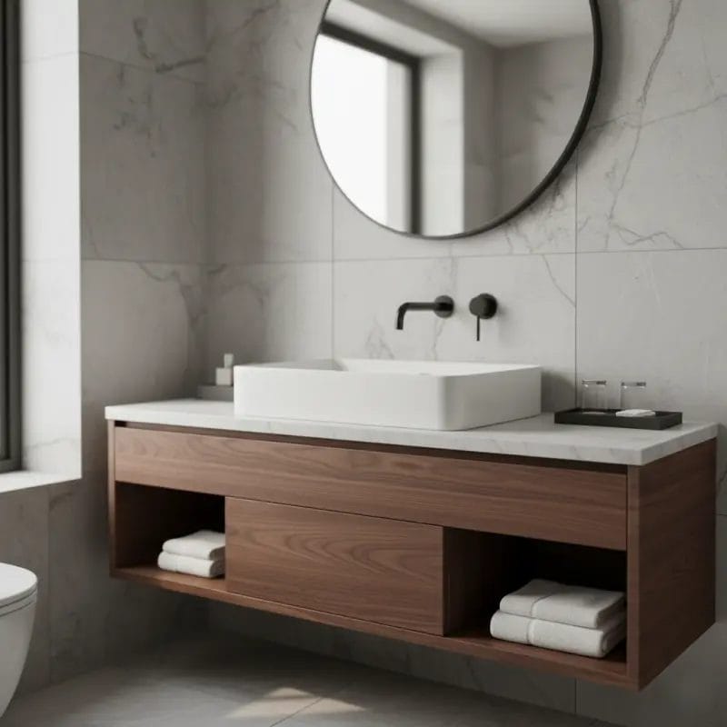 A contemporary tempered glass countertop basin paired with a stylish, tall faucet, offering a unique and artistic focal point for a modern hotel bathroom vanity.