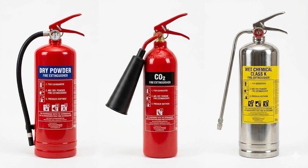 Comparison of three essential hotel fire safety extinguishers: ABC Dry Powder, CO2, and Wet Chemical Class K units.