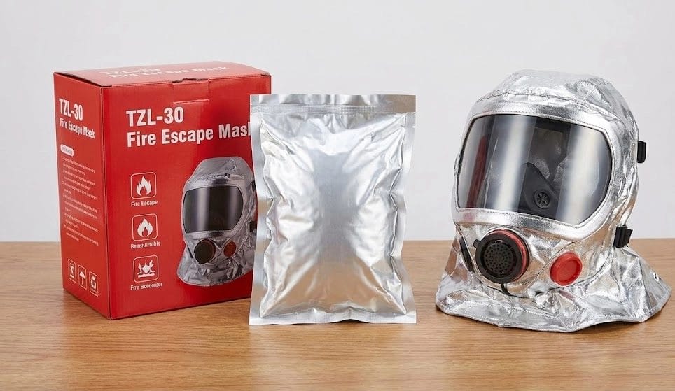 TZL-30 Fire Filtering Self-Rescue Respirator kit with vacuum sealed pouch and red box, essential equipment for hotel fire safety