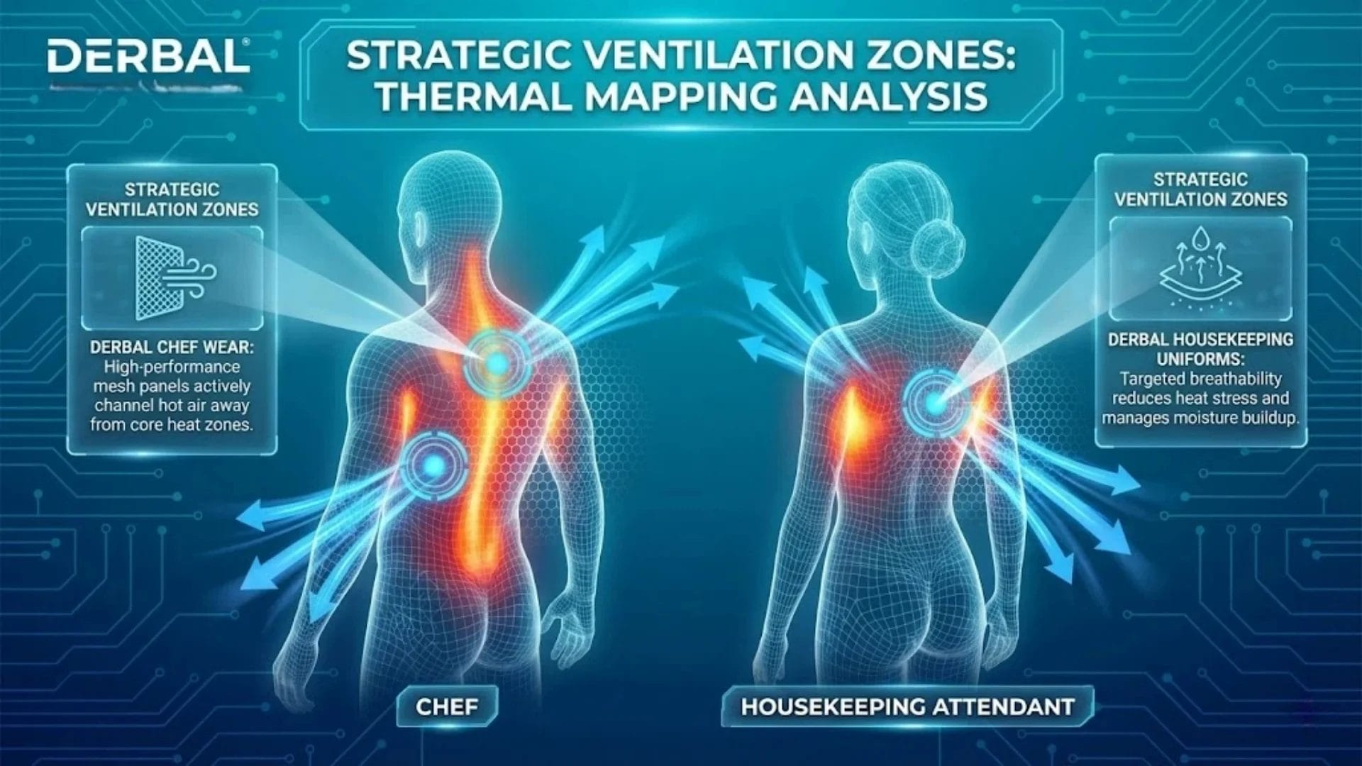 Thermal mapping diagram showing strategic ventilation zones in breathable chef wear and housekeeping tunics to reduce heat stress.