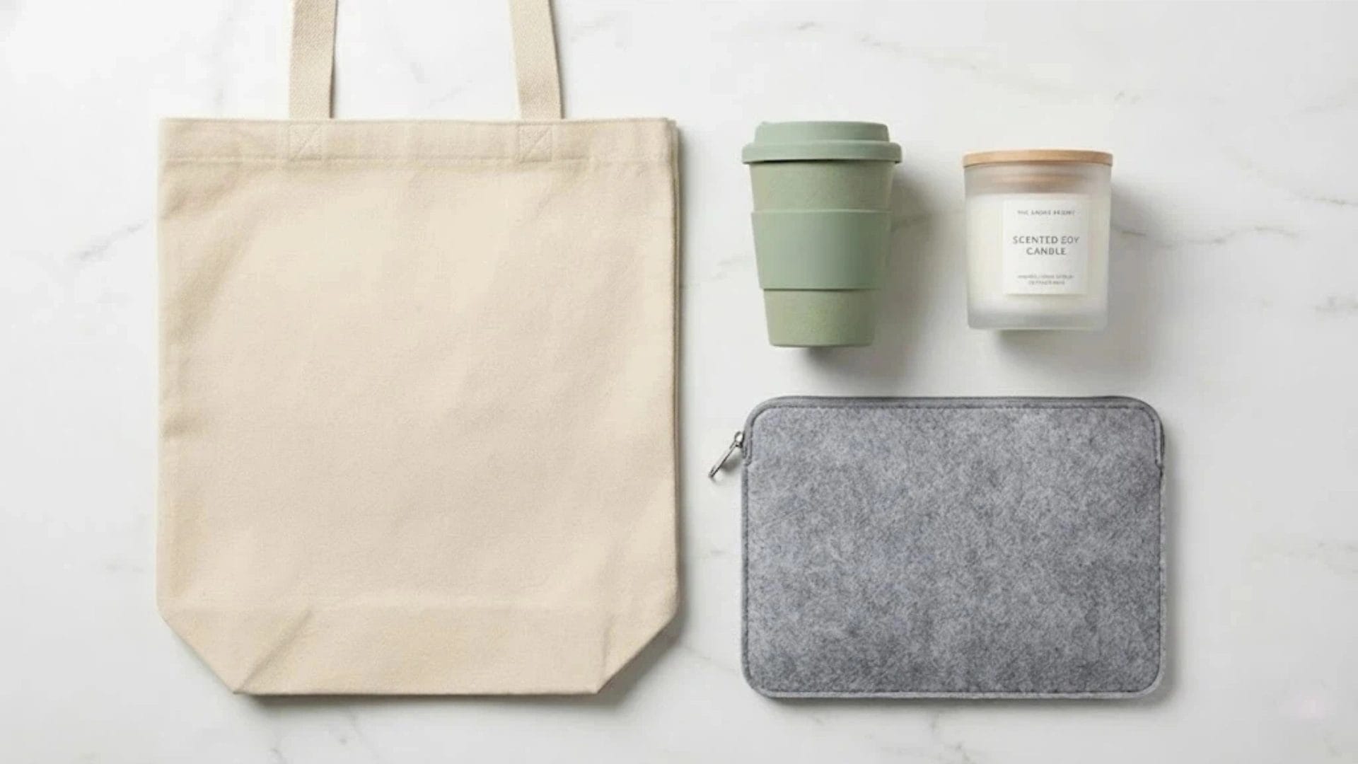 Eco-friendly hotel gift set collection including a cotton canvas tote, reusable coffee cup, scented soy candle, and felt tech pouch.