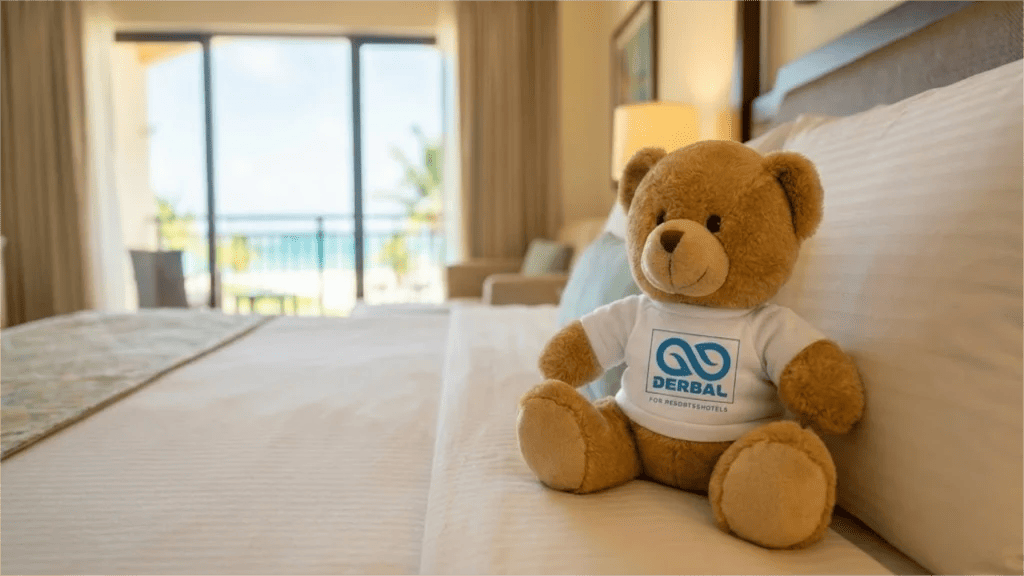 Custom branded DERBAL teddy bear plush toy sitting on a luxury hotel bed with a tropical ocean view background, representing family-friendly resort amenities.