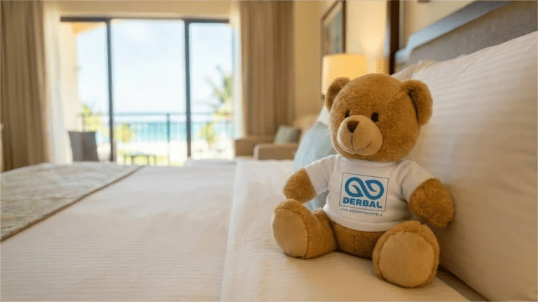 Custom branded DERBAL teddy bear plush toy sitting on a luxury hotel bed with a tropical ocean view background, representing family-friendly resort amenities.