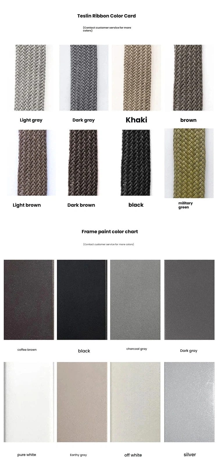 Color chart for custom outdoor furniture materials, featuring Teslin ribbon textures and metal frame paint finishes in various shades like gray, khaki, and black.