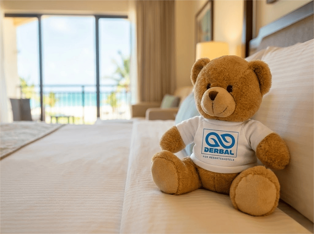 Custom DERBAL branded teddy bear amenity sitting on a luxury resort bed with a tropical beach view background.