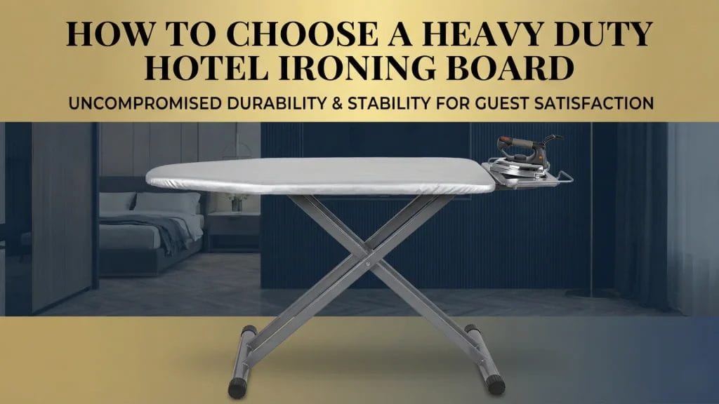A stable, heavy duty hotel ironing board setup in a luxury hotel room, illustrating uncompromised durability for guests.