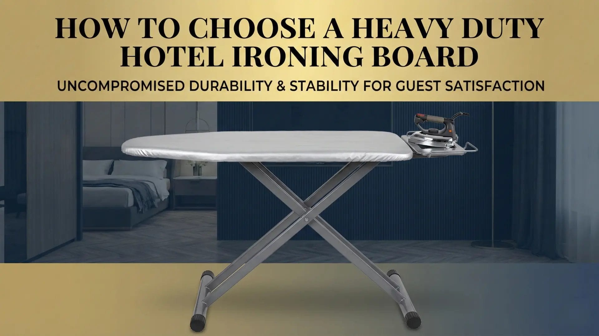 A stable, heavy duty hotel ironing board setup in a luxury hotel room, illustrating uncompromised durability for guests.