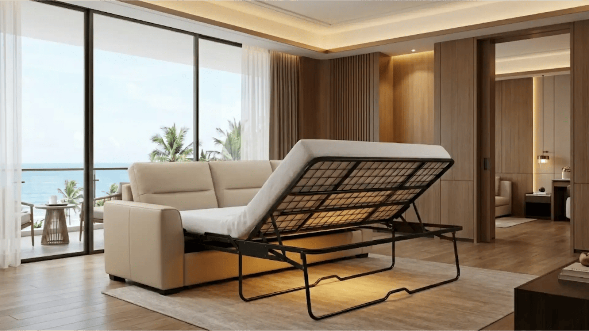 Commercial hotel sofa bed being unfolded, revealing the heavy-duty black metal folding mechanism and frame structure.