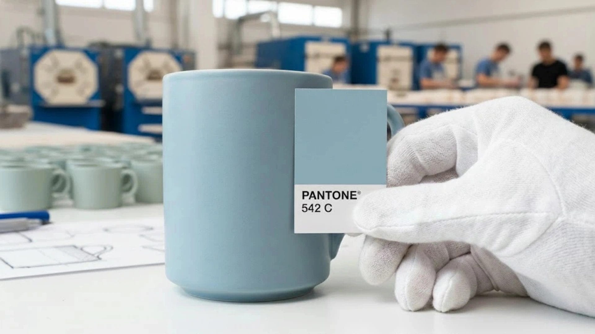 Quality control inspection comparing a Pantone color card to a custom blue ceramic mug during hotel gift manufacturing.
