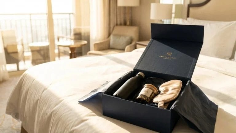 Luxury hotel welcome gift kit featuring a custom rigid box with an insulated bottle, tea jar, and sleep mask on a suite bed.