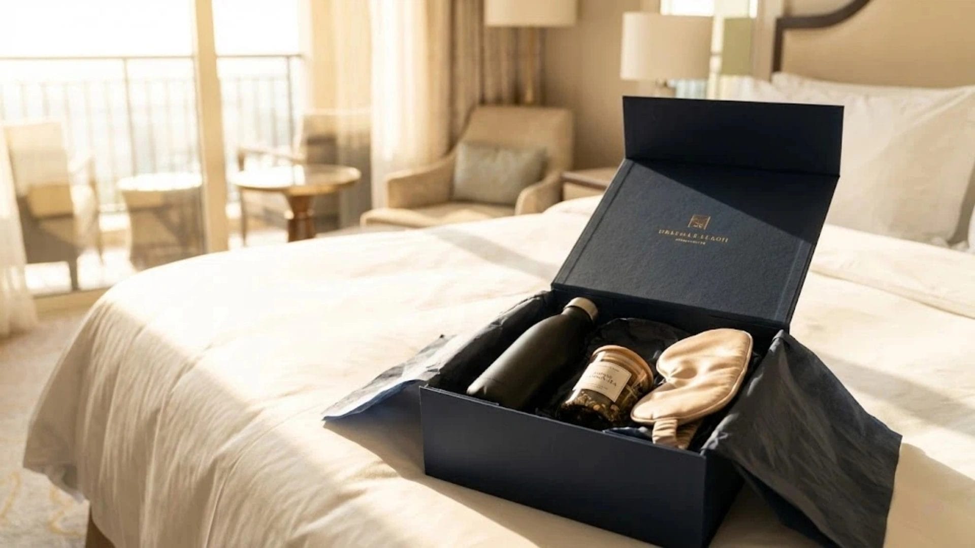 Luxury hotel welcome gift kit featuring a custom rigid box with an insulated bottle, tea jar, and sleep mask on a suite bed.