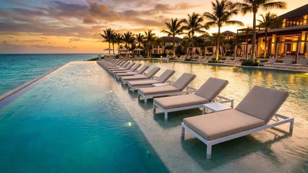 Luxury resort poolside featuring high-end commercial outdoor lounge chairs ready for the 2026 season