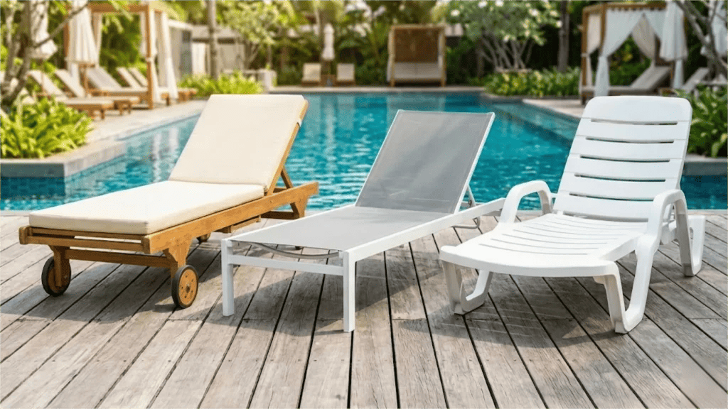 Side-by-side material comparison of Teak, Aluminum, and Resin resort lounge chairs on a pool deck
