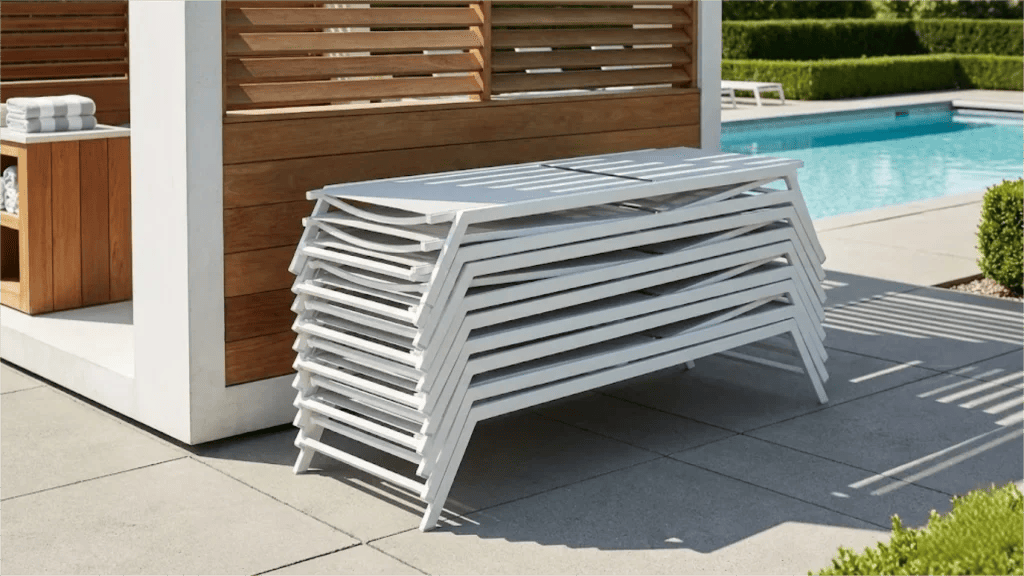 Stackable aluminum lounge chair foldable outdoor design demonstrating space-saving storage efficiency for hotels
