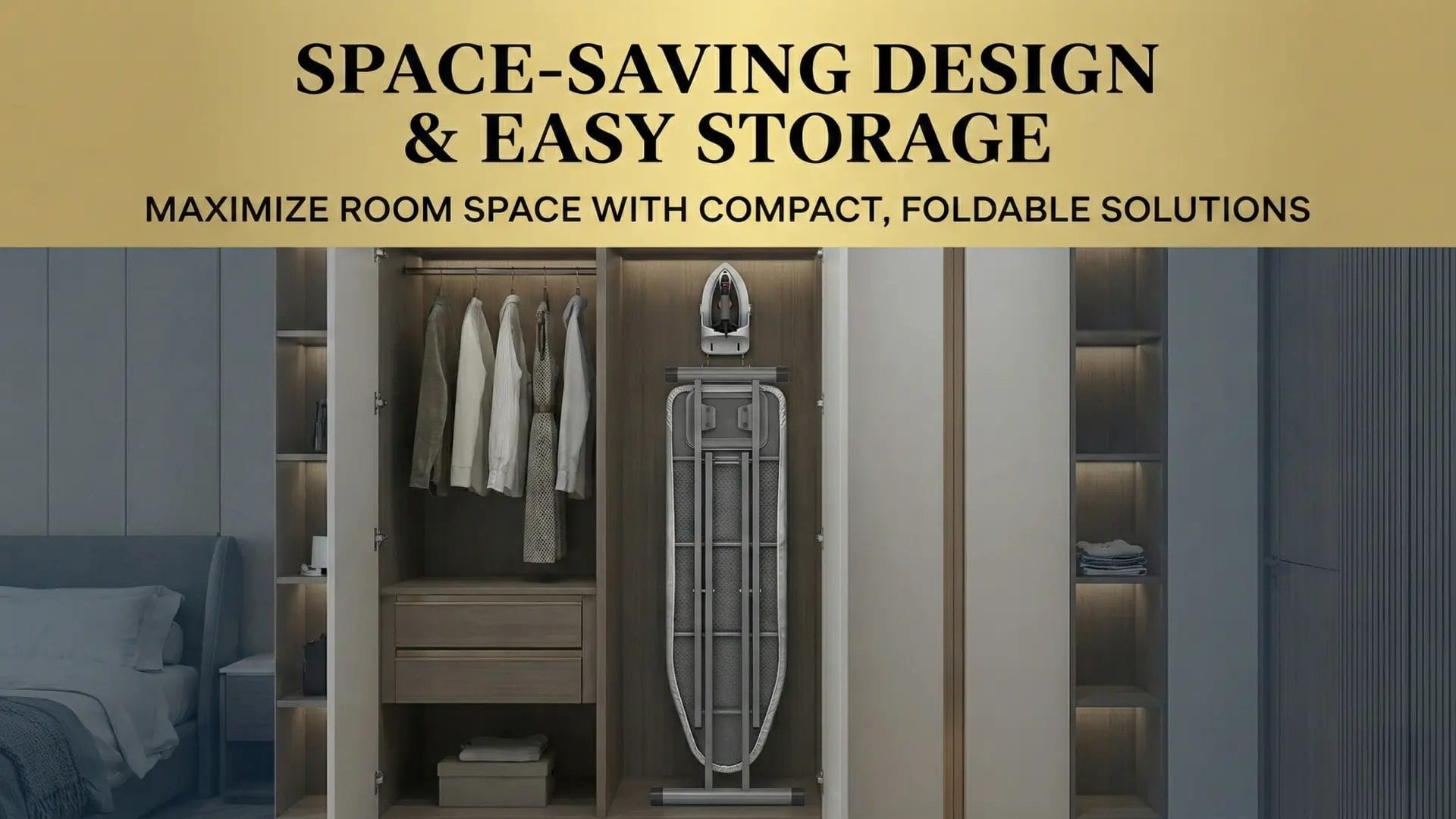 A compact, heavy duty hotel ironing board folded neatly inside a modern hotel wardrobe, demonstrating space efficiency.