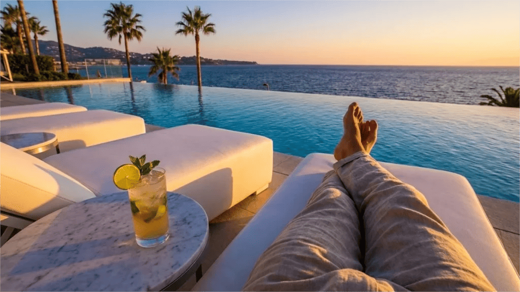 Aerial view of symmetrical commercial outdoor lounge chairs at a luxury resort pool, representing 2026 hotel furniture trends
