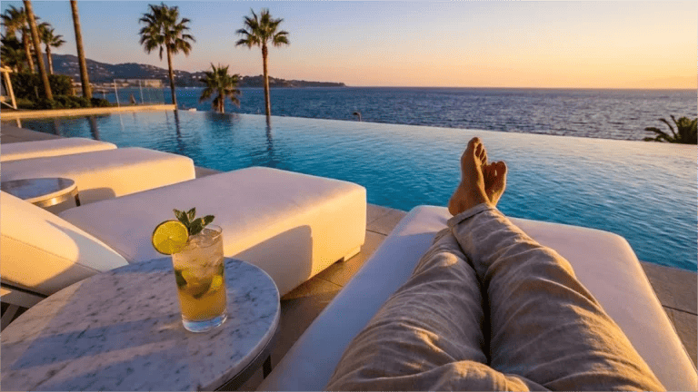 Aerial view of symmetrical commercial outdoor lounge chairs at a luxury resort pool, representing 2026 hotel furniture trends