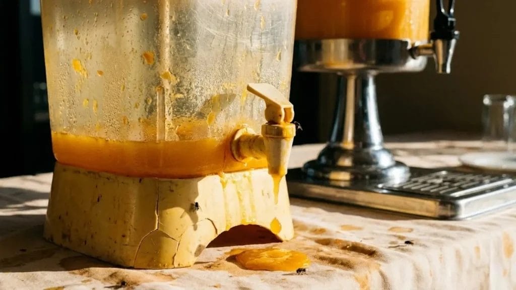 Old plastic Commercial Juice Dispenser with dripping faucet and sticky residue in hot sun