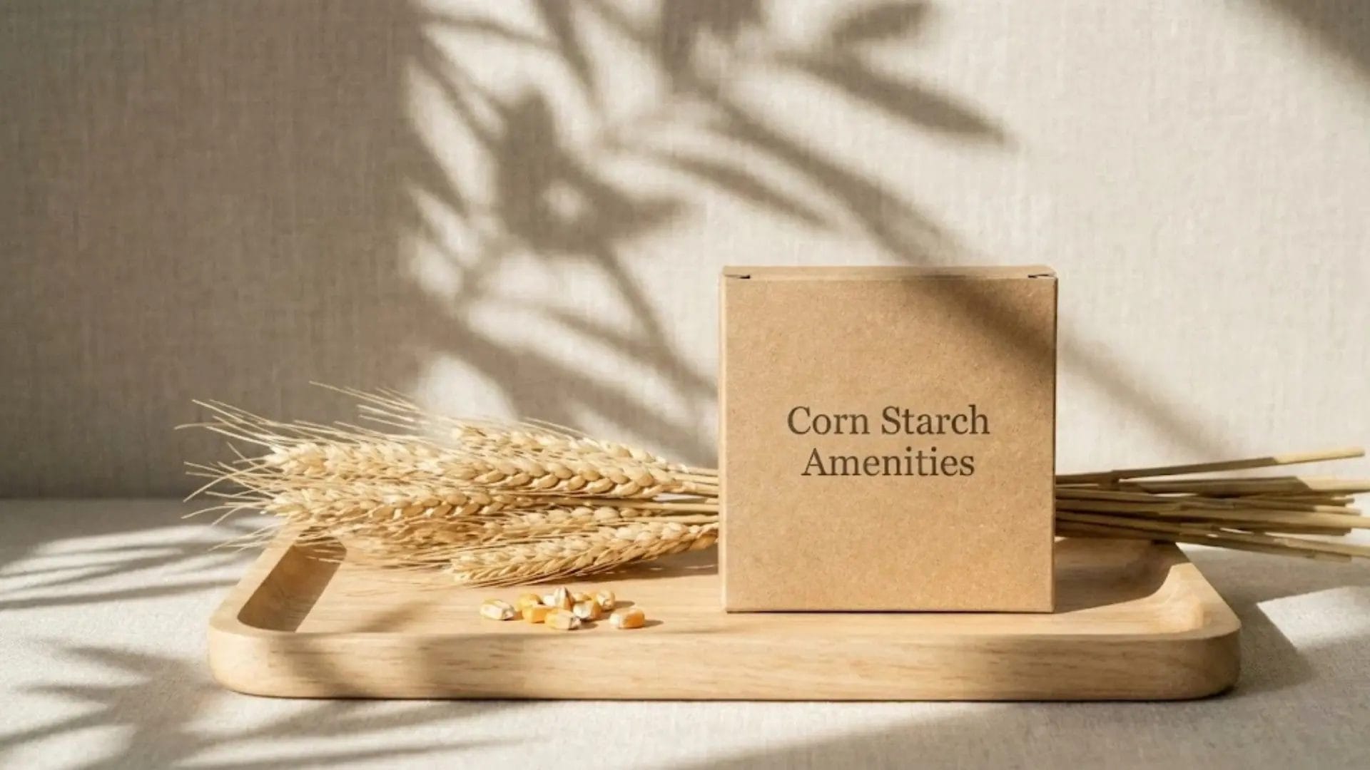 Eco-friendly corn starch vanity kit packaging for sustainable hotels.