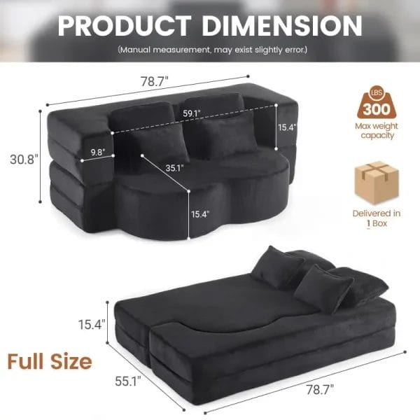 Technical specifications of fold out foam sofa bed showing folded dimensions and 300lbs weight capacity.