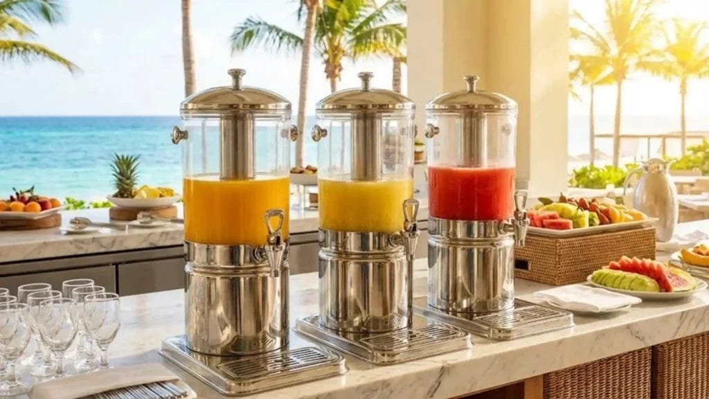 Commercial Juice Dispenser with 8L tanks setup at a sunny luxury resort buffet