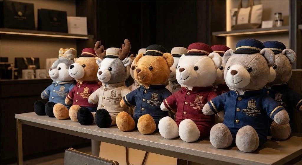 A display of high-quality, custom-branded mascots in a hotel gift shop, illustrating branded hotel toys as a retail revenue strategy.