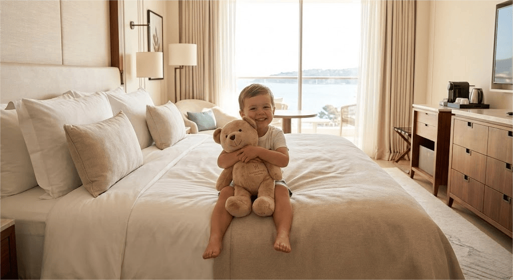 A delighted child holding a custom plush hotel toy on a luxury resort bed, symbolizing family-friendly hospitality and guest loyalty.