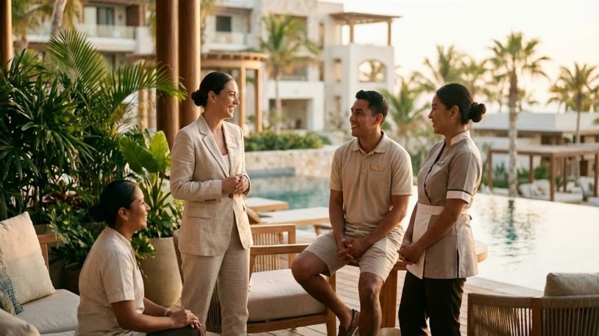 Hotel staff in comfortable, stylish DERBAL hospitality apparel enjoying a moment in a luxury resort lobby.