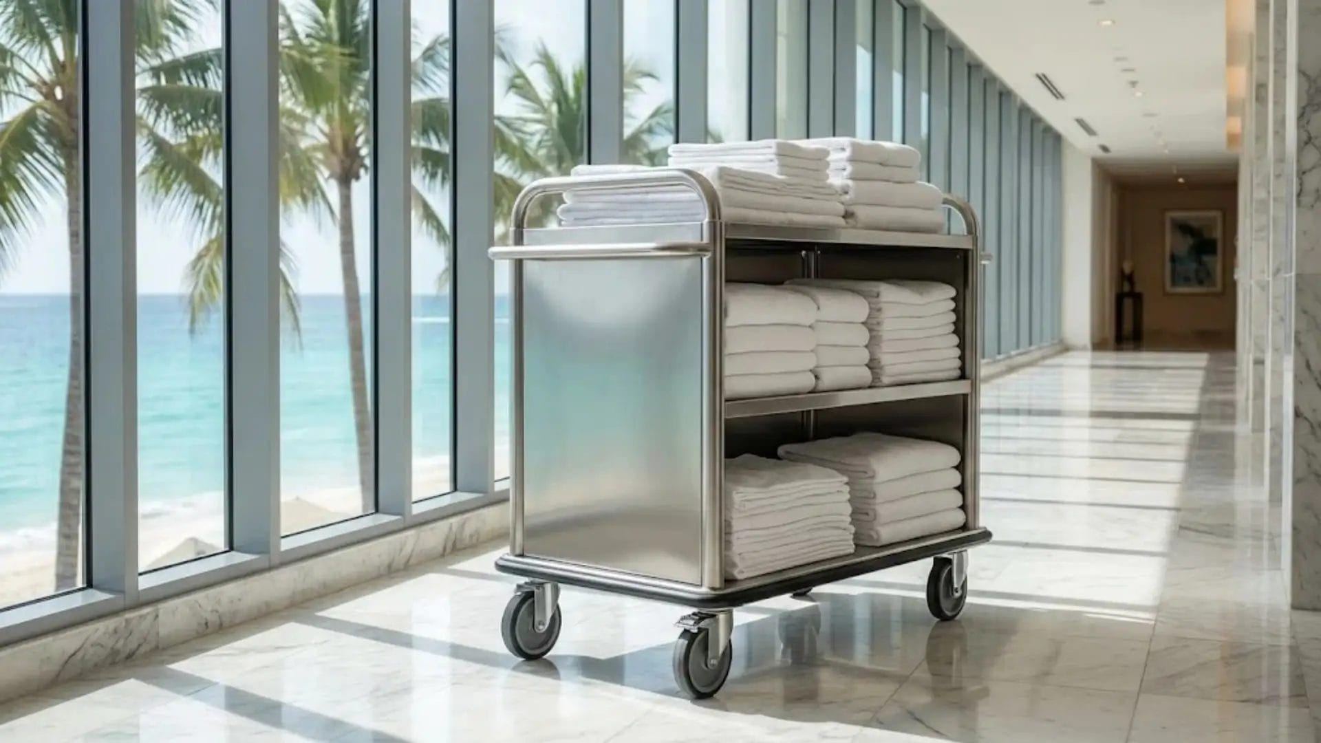 Premium heavy duty stainless steel linen cart loaded with towels in a sunlit luxury resort corridor with ocean view.