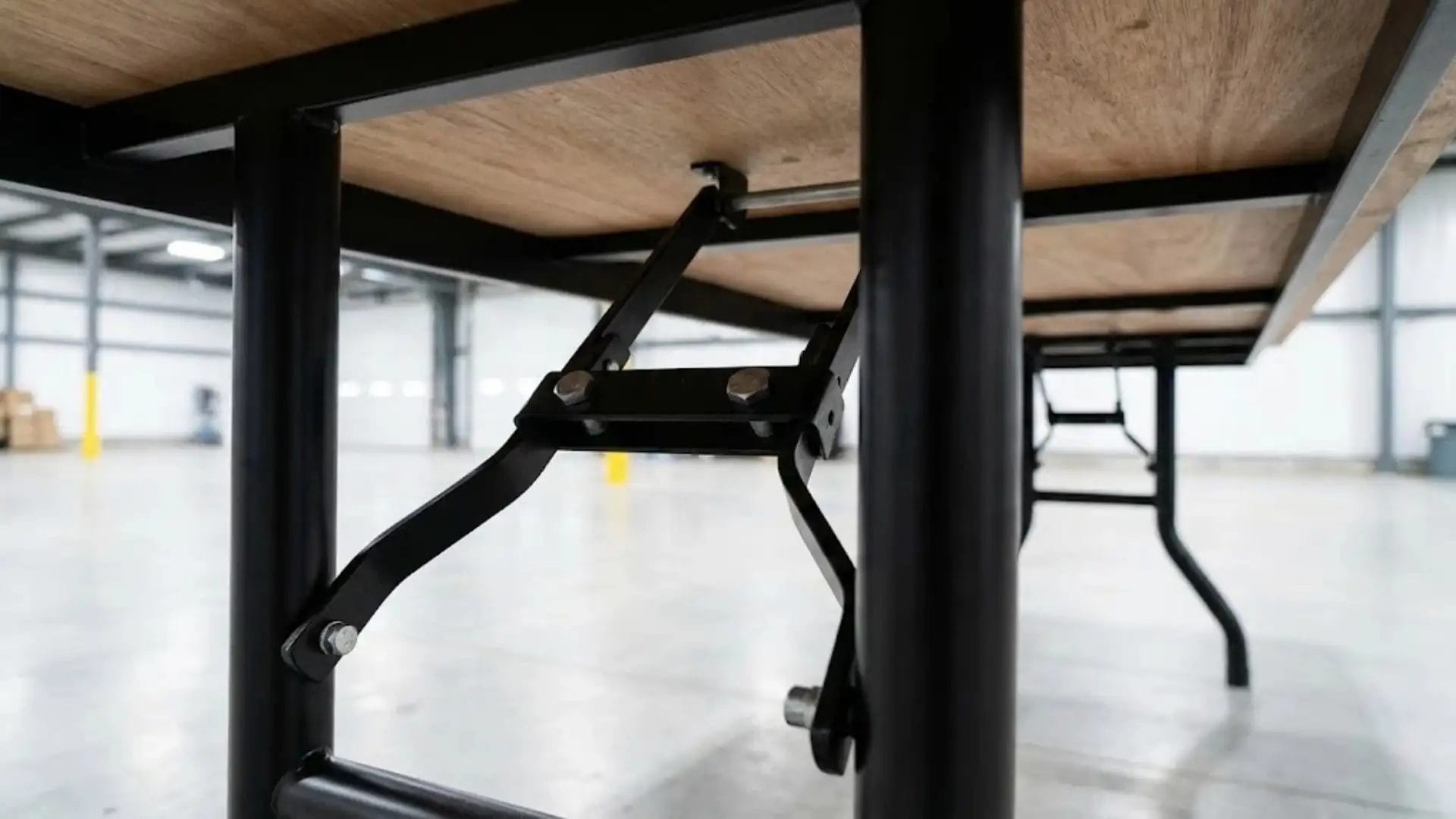 Underside view of a banquet table showing heavy-duty powder-coated steel folding legs and locking mechanism.