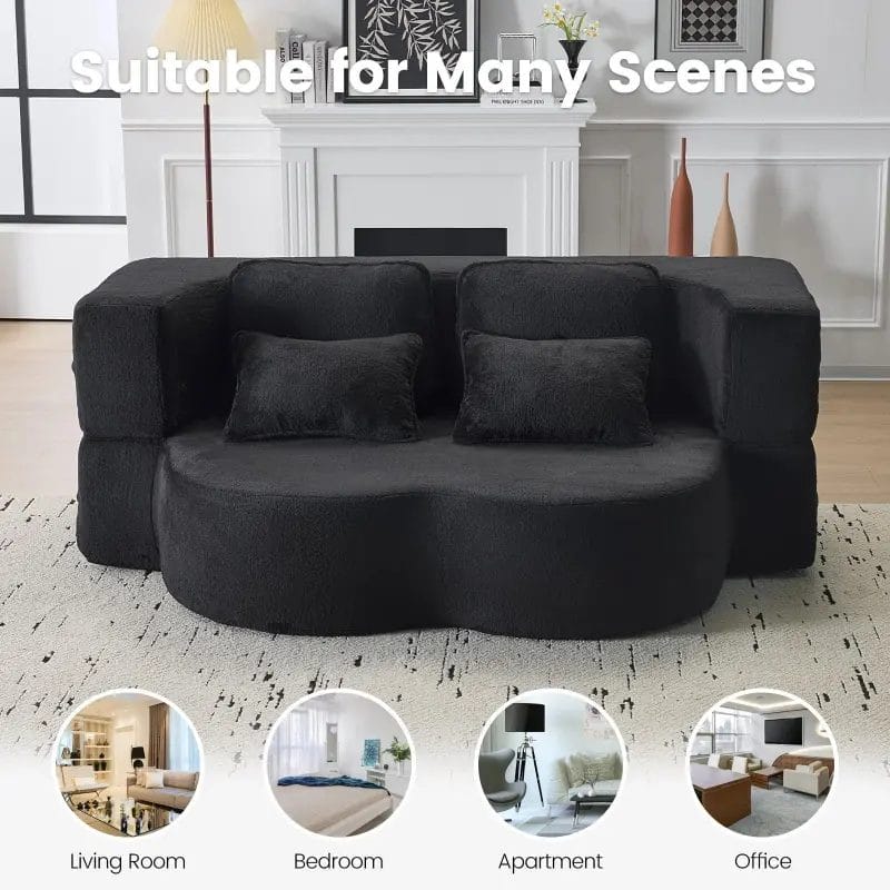 Various hospitality application scenes for black fold out foam sofa bed including apartments and offices.