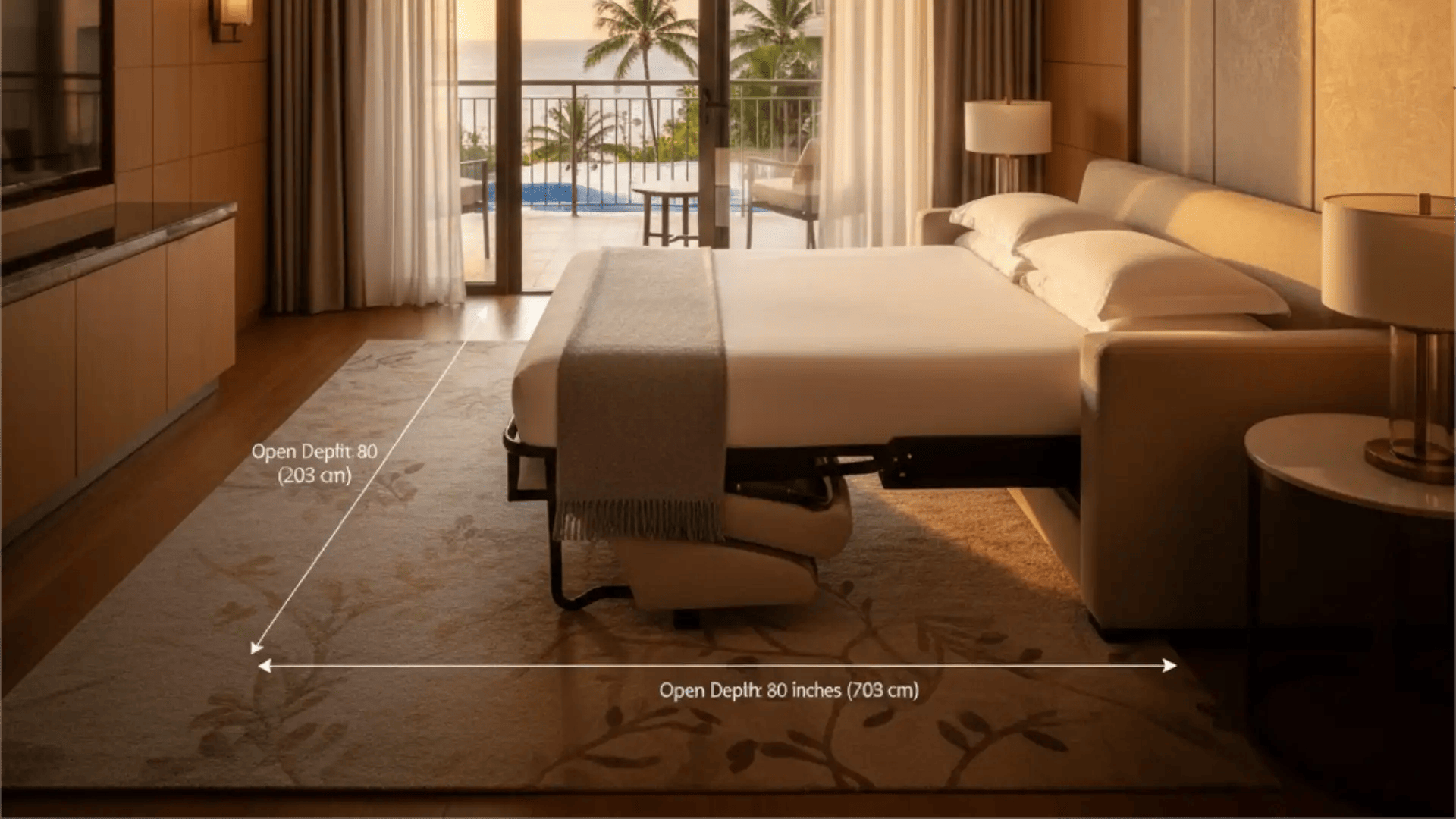 High-angle view of a fully extended queen size hotel sofa bed, illustrating its footprint and space requirements in a hotel room.