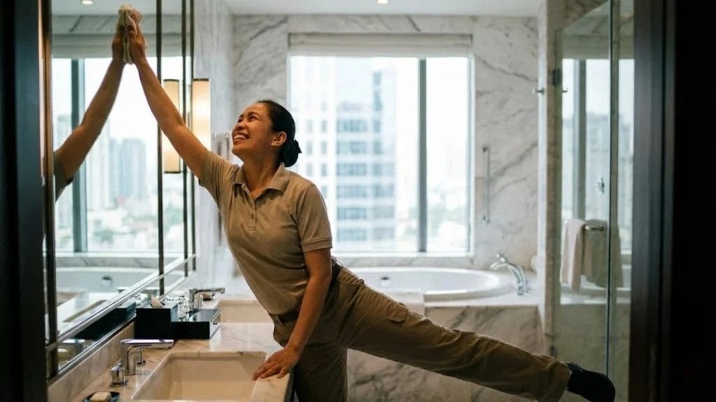 Hotel staff member smiling and moving freely while wearing comfortable, ergonomic DERBAL hospitality apparel in action.