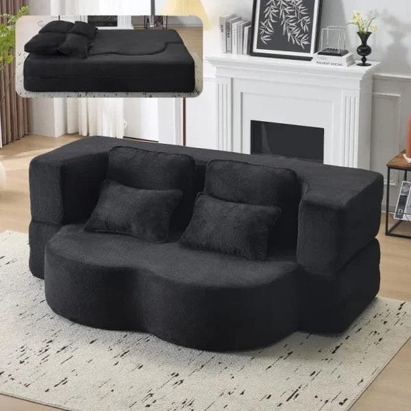 Luxury black chenille fold out foam sofa bed converting into a full size guest sleeper for hotel suites.