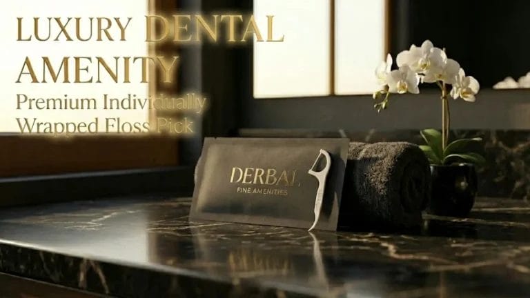 Luxury hotel bathroom vanity featuring individually wrapped dental floss picks and premium towels.