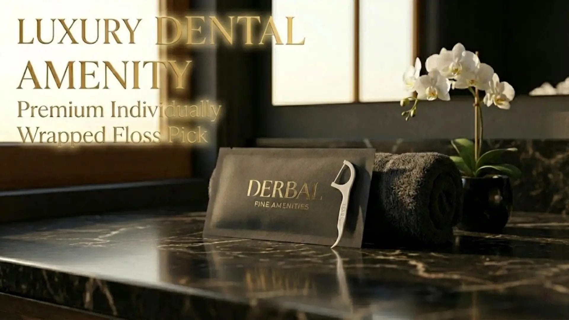 Luxury hotel bathroom vanity featuring individually wrapped dental floss picks and premium towels.
