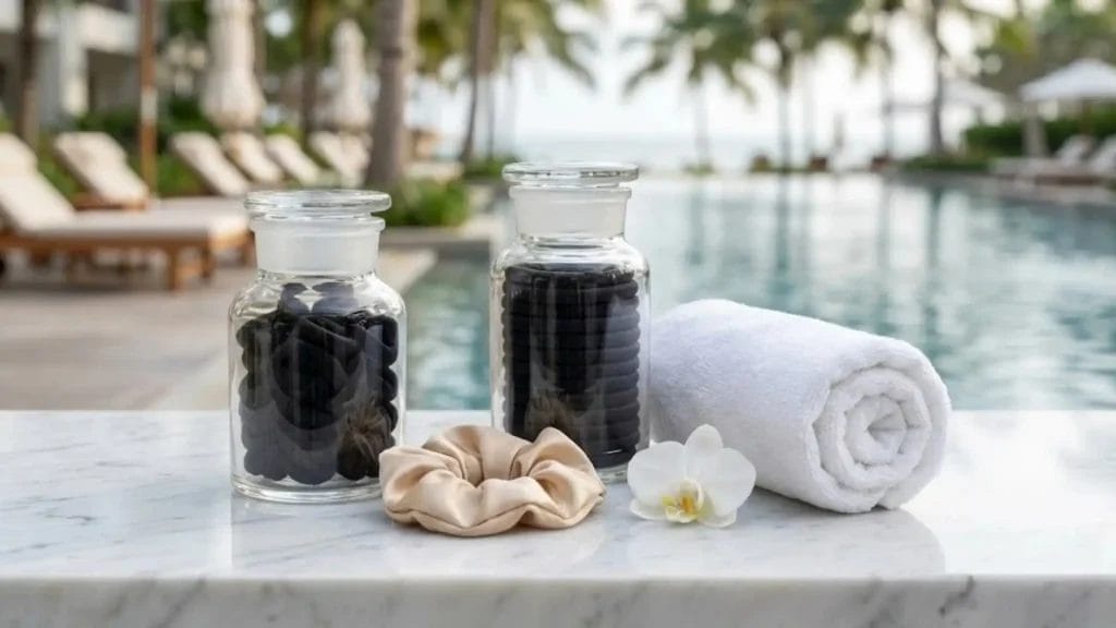 Wholesale hair ties for hotels amenity presentation on luxury spa tray.