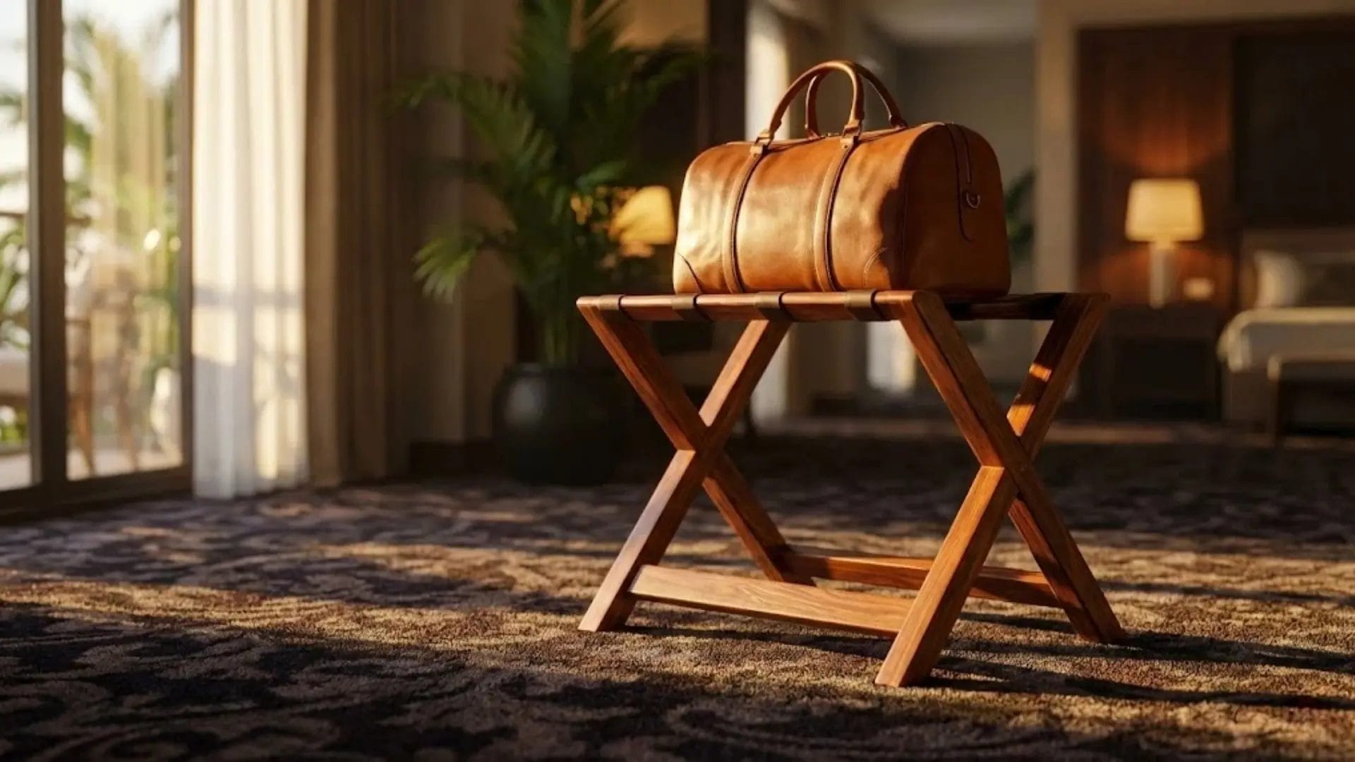 High-end solid wood hotel luggage rack suitable for boutique resorts and luxury suites.
