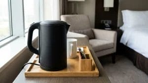 Premium Hotel Kettles: Matte black double-layer anti-scald electric kettle on bamboo tray