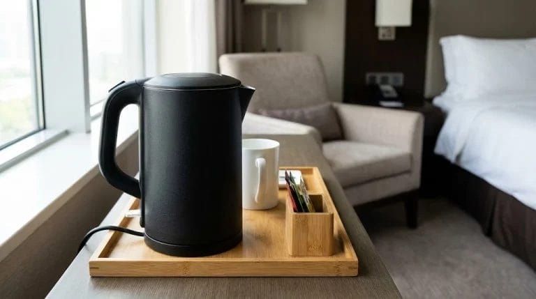 Premium Hotel Kettles: Matte black double-layer anti-scald electric kettle on bamboo tray