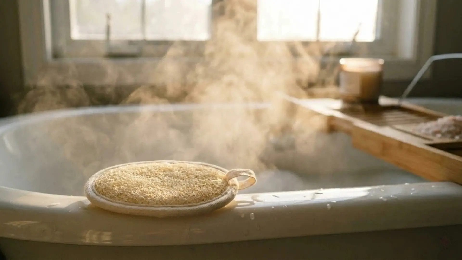 Natural loofah body scrubber for luxury hotel bath experience.