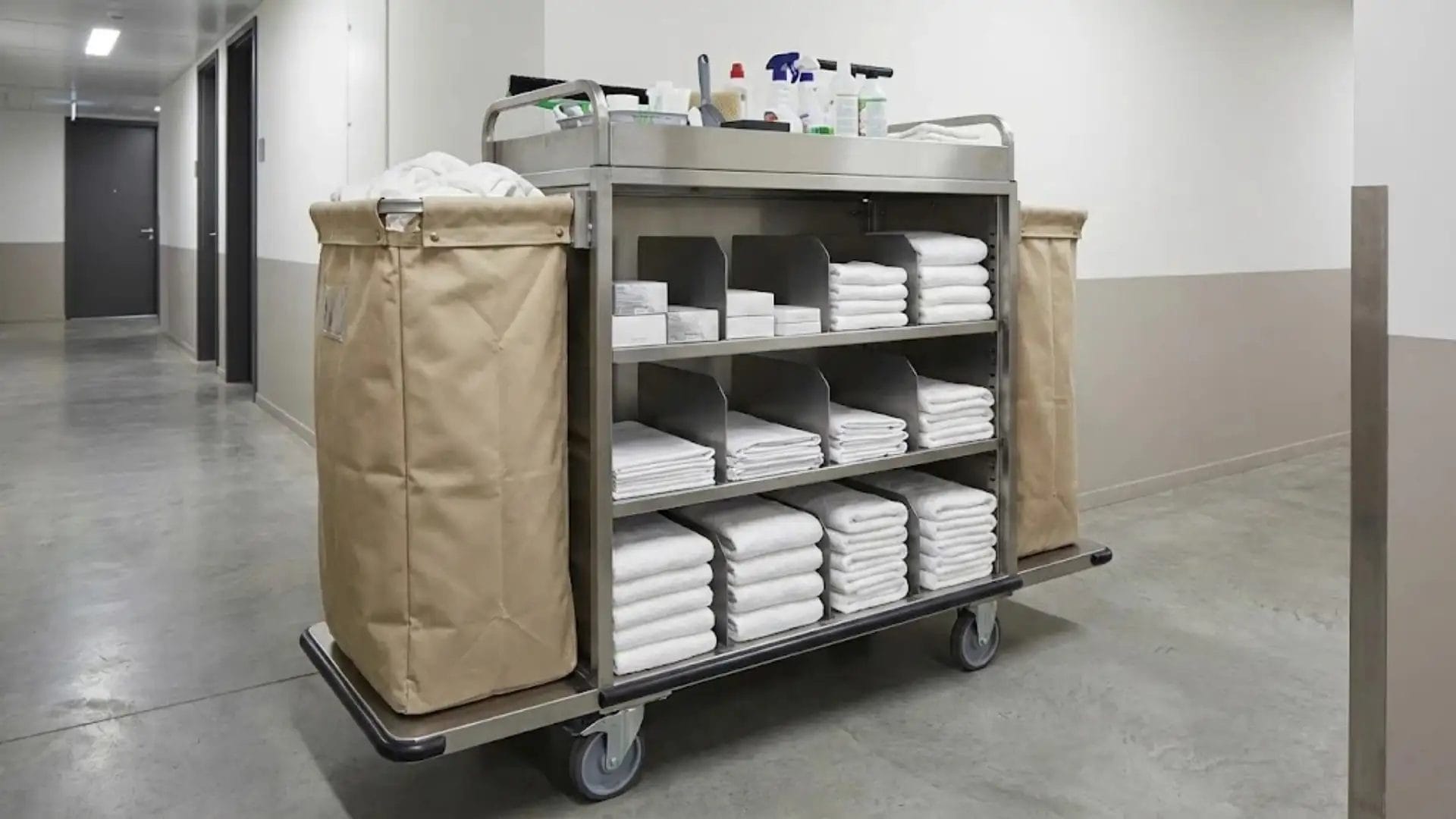 Fully stocked heavy duty housekeeping trolley with organizational dividers and attached canvas linen bag.