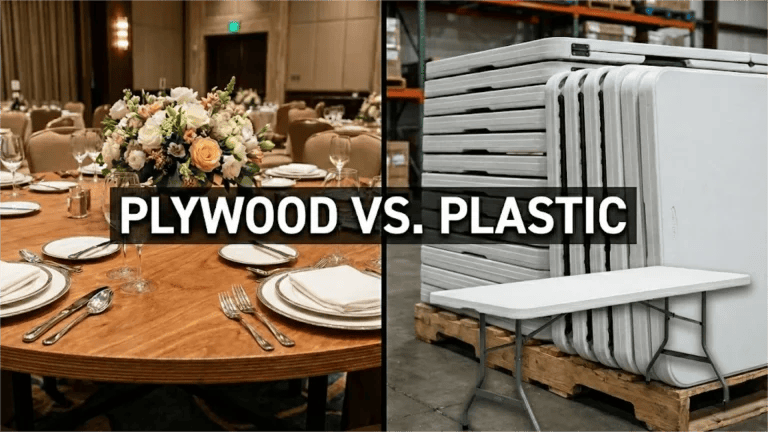 Split screen image showing a luxury plywood banquet table setup vs stacked plastic folding tables for B2B wholesale comparison.