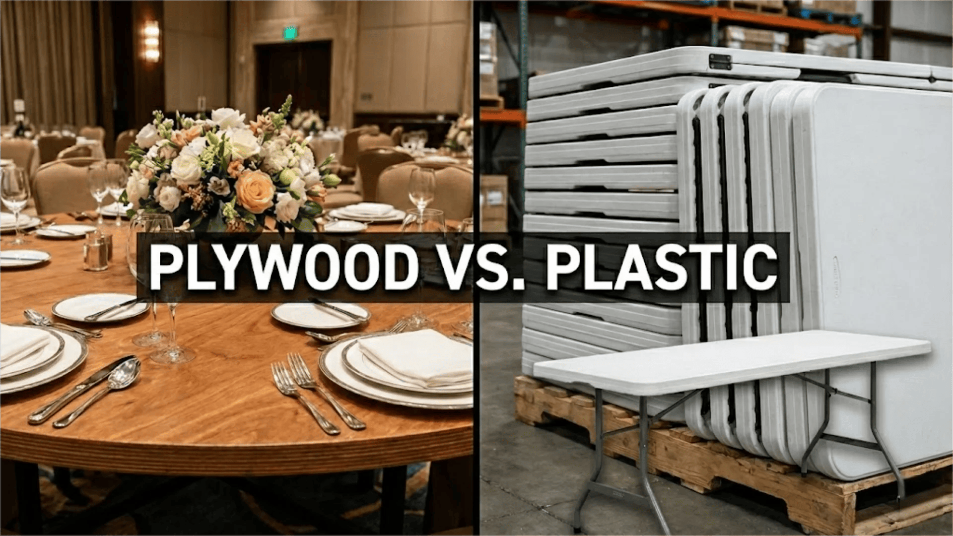 Split screen image showing a luxury plywood banquet table setup vs stacked plastic folding tables for B2B wholesale comparison.