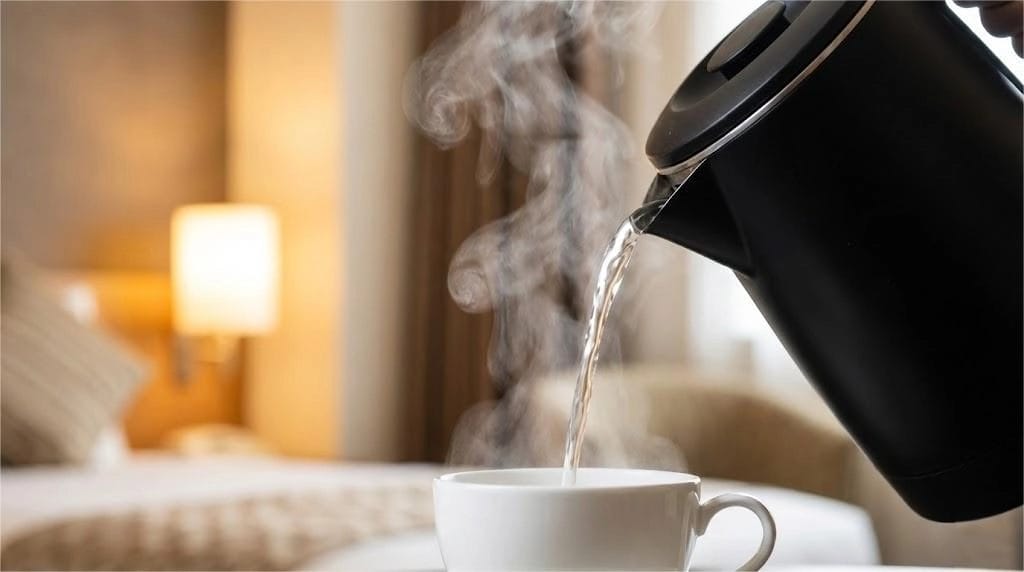 Safe Hotel Kettles in action: Pouring hot water from anti-scald double layer unit