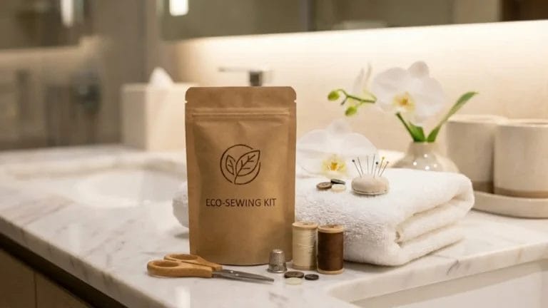 Eco-friendly sewing kit for hotels with kraft paper packaging on a luxury bathroom counter