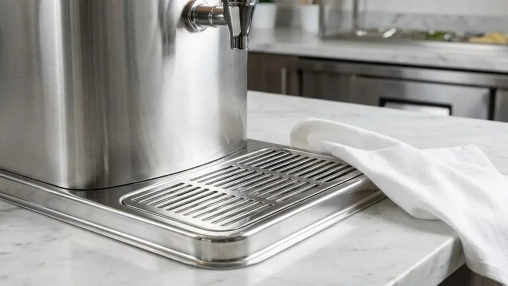 Removable stainless steel drip tray on a Commercial Juice Dispenser for easy cleaning