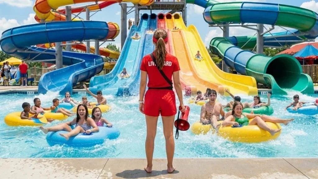 Lifeguard using a megaphone with siren functions at a crowded water park resort.