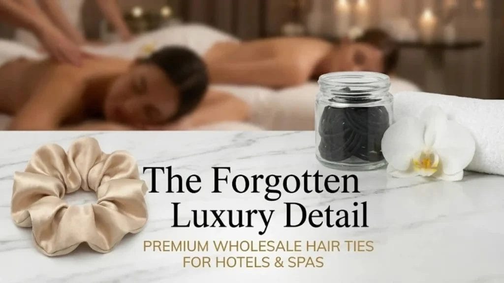 Luxury open-plan hotel spa setting featuring a prominent champagne silk scrunchie and a jar of black wholesale hair ties on a marble counter. Massage therapists are working in the background. Text overlay reads: "The Forgotten Luxury Detail - PREMIUM WHOLESALE HAIR TIES FOR HOTELS & SPAS".
