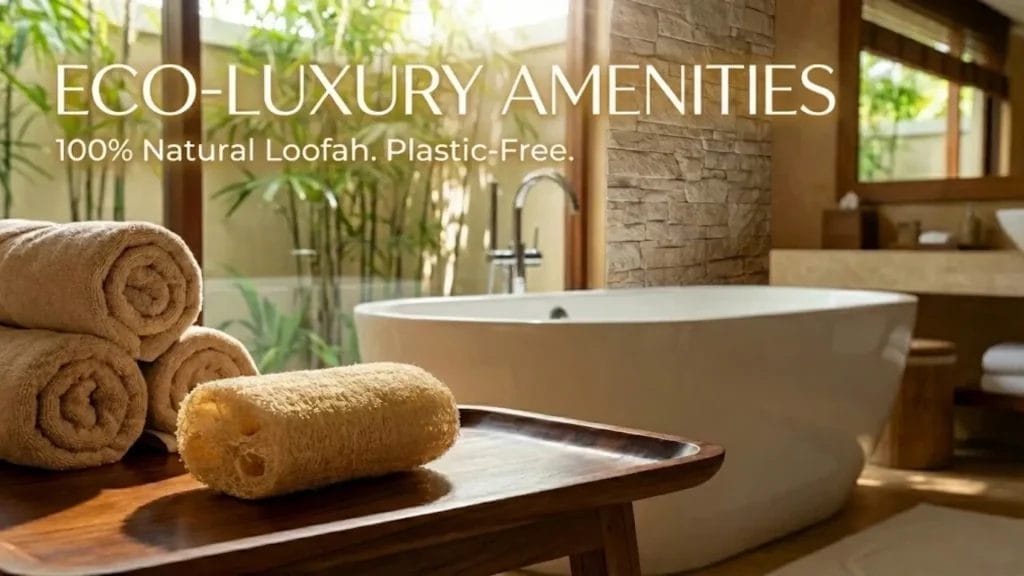 Wholesale natural loofah pad displayed in a luxury eco-resort bathroom setting.